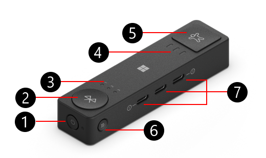 Hub adaptatif Microsoft avec des nombres pour identifier les caractéristiques physiques, en commençant par le bouton Marche/Arrêt.