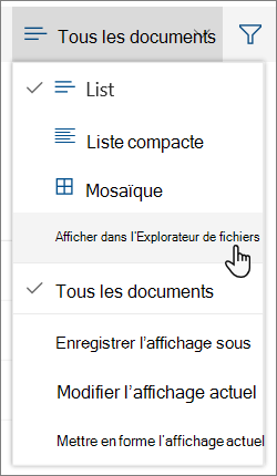 Menu Tous les documents avec mise en évidence d’Ouvrir dans l’Explorateur de fichiers