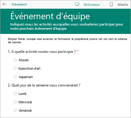 Mode Aperçu d’un formulaire d’enquête en classe sur un ordinateur