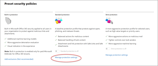 Boîte de dialogue des stratégies de sécurité prédéfinies avec le lien Gérer les paramètres de protection sous Protection standard mis en évidence.