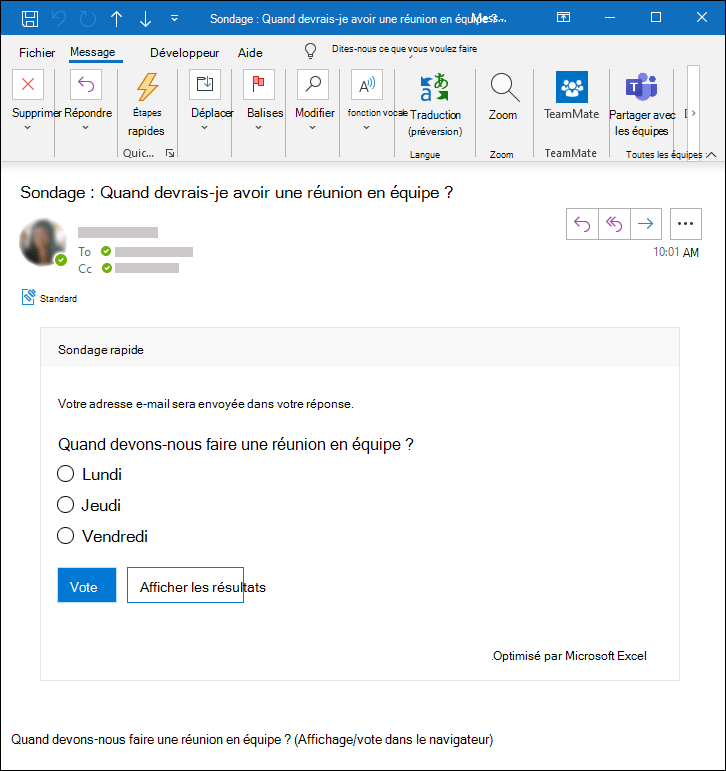 Microsoft Forms sondage dans un e-mail Outlook