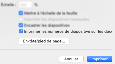 La boîte de dialogue Imprimer avec l’option Imprimer les numéros des diapositives sur les documents affichée.