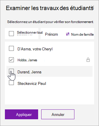 Cochez la case pour verrouiller une page d’étudiant individuelle.