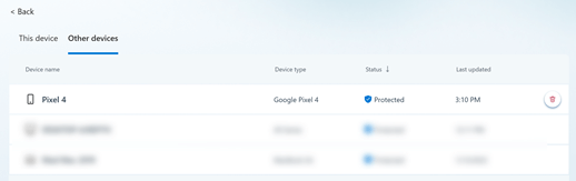 Dans la liste des autres appareils, sélectionnez l’icône Supprimer l’appareil à l’extrémité droite de l’appareil carte.