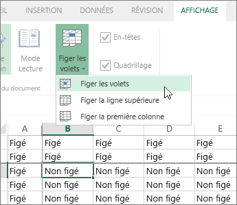 Onglet Affichage, menu Figer les volets, commande Figer les volets