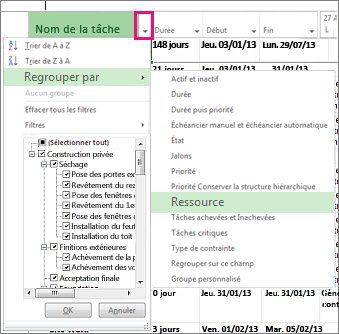 Menu de la colonne Nom de la tâche avec Regrouper par Ressource sélectionné