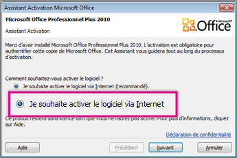 Activer le logiciel via Internet