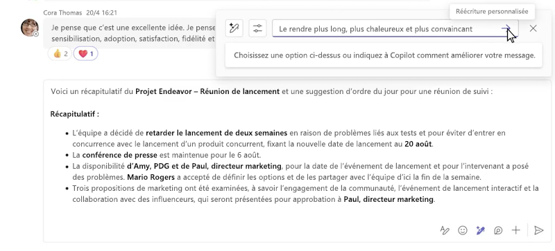 Réécriture personnalisée d’un message à l’aide de Copilot dans la conversation Microsoft Teams.