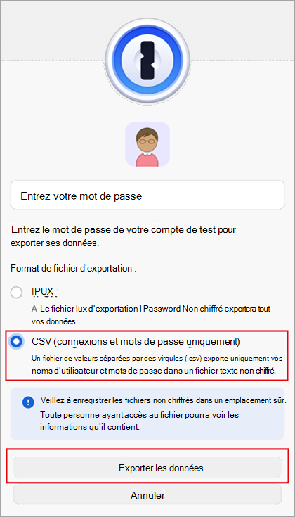 Boîte de dialogue d’exportation du fichier de 1Password.