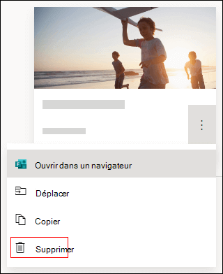 Option Supprimer d’un formulaire dans Microsoft Forms.