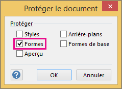 Option Formes cochée dans la boîte de dialogue Protéger le document dans Visio 2016