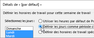 Sélectionner les jours et les jours ouvrés ou non