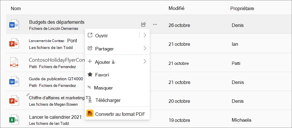 Options d’action lorsque vous cliquez avec le bouton droit sur un fichier