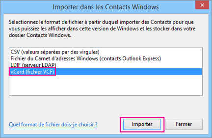 Choisissez vCard, puis choisissez Importer.