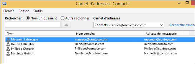 Lorsque vous importez vos contacts à partir de Google Gmail dans Office 365, ils sont répertoriés dans le Carnet d’adresses : Contacts