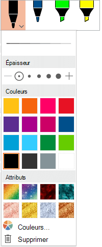 Options de couleur et d’épaisseur d’un stylo dans la galerie de stylos Office dans l’onglet Dessin