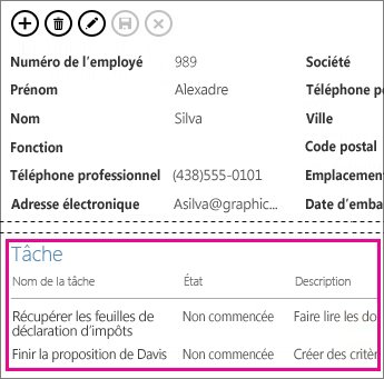 Une vue d’une application Access affichant des tâches dans un contrôle des éléments associés.