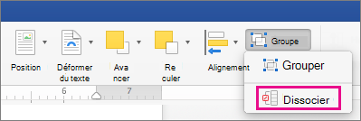 Pour dissoudre un regroupement, cliquez sur Dissocier sous l’onglet Format de la forme ou Format de l’image.