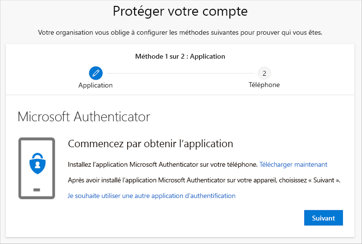 Assistant Sécuriser votre compte, affichant la page de téléchargement de l’application Authenticator