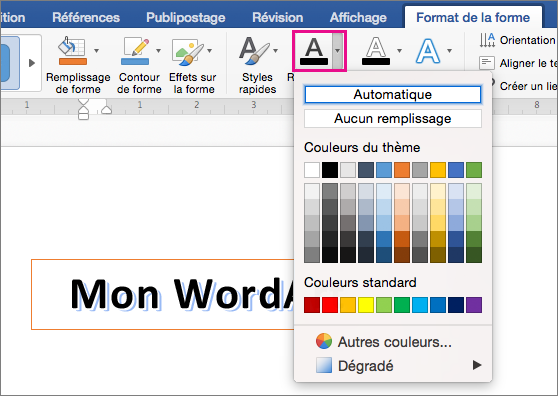 Option Remplissage du texte mise en évidence sous l’onglet Format de la forme.