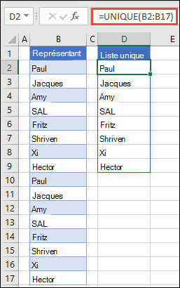 Fonction UNIQUE utilisée pour trier une liste de noms