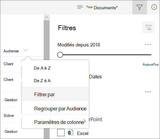 Cliquez sur Filtrer par pour ouvrir le panneau de filtre