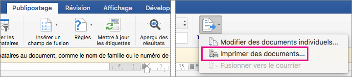 Dans l’onglet Publipostage, les options Terminer & fusionner et Imprimer les documents sont mises en évidence