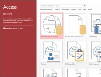 L’écran d’accueil d’Access, montrant la zone de recherche de modèles et les boutons Application web personnalisée et Base de données du Bureau vide