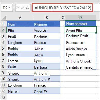 Utilisation de UNIQUE avec plusieurs plages pour concaténer des colonnes Prénom/Nom en Nom complet.