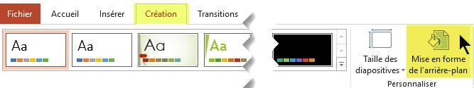 Le bouton Mise en forme de l’arrière-plan est situé dans l’onglet Création du ruban dans PowerPoint