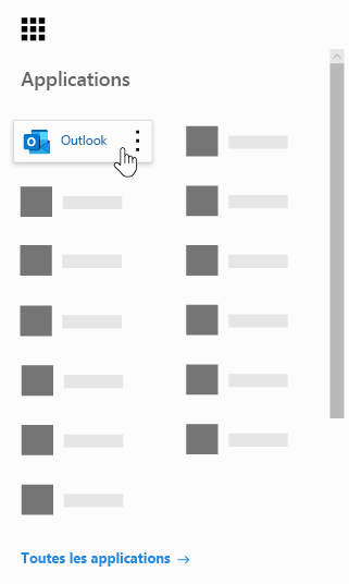 Lanceur d’applications Microsoft 365 avec l’application Outlook mise en surbrillance.