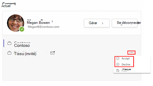 Dans les paramètres du compte, une zone rouge met en évidence Plus d’options en regard d’une invitation d’organisation. Une autre zone rouge met en évidence Accepter et Refuser.