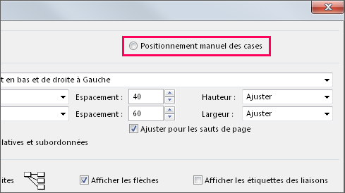 Cliquez sur Positionnement manuel des cases pour repositionner manuellement une tâche.