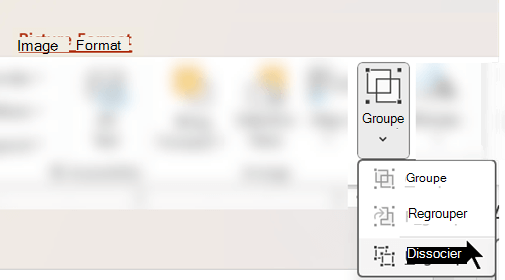 La commande Dissocier se trouve sous l’onglet Format de l’image du ruban PowerPoint.