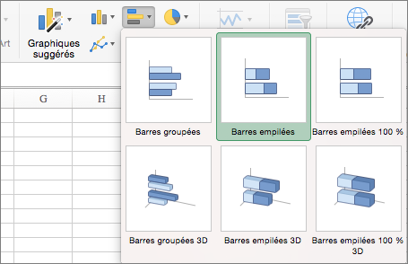 Dans l’onglet Insertion, sélectionner Graphique à barres, puis Graphique à barres empilées