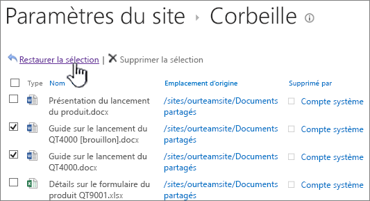 SharePoint 2013 - Corbeille second niveau avec le bouton Restaurer mis en évidence