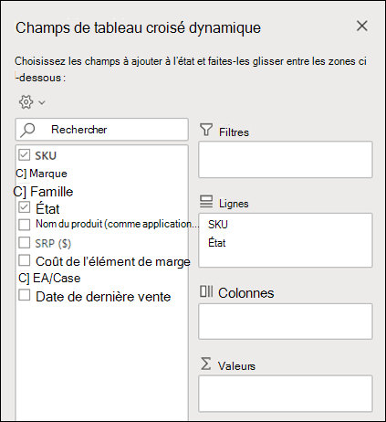 Champs de tableau croisé dynamique dans Excel pour le web