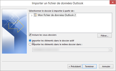 Sélectionnez Importer les éléments dans le dossier actif.