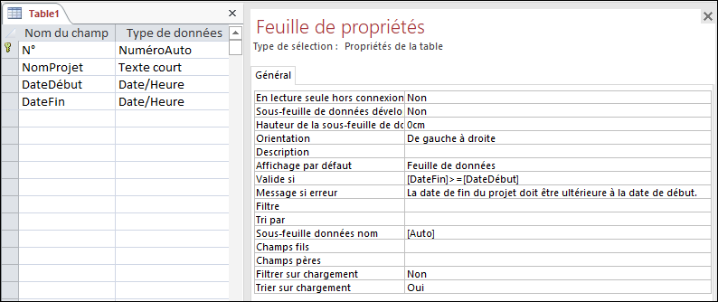 Règle de validation de table dans le Concepteur de tables Access.