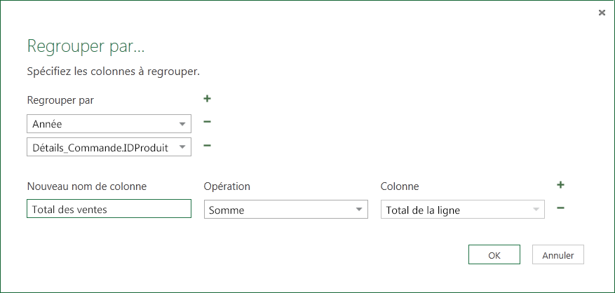 Boîte de dialogue Regrouper par pour les opérations d’agrégation