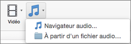 Menu Insérer un élément audio avec les choix Audio à partir du fichier et Navigateur audio