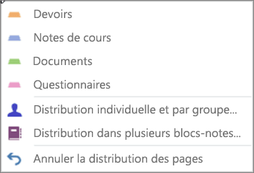 Liste déroulante Distribuer les pages avec Devoirs, Notes de cours, Documents, Questionnaires, Distribution individuelle et par groupe, Distribution de bloc-notes croisée et Annuler la distribution des pages.