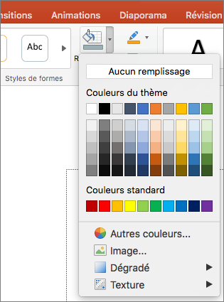 Capture d’écran illustrant les options disponibles dans le menu Remplissage de forme, notamment : Aucun remplissage, Couleurs du thème, Couleurs standard, Autres couleurs de remplissage, Image, Dégradé et Texture.