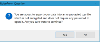 Boîte de dialogue de confirmation Exporter RoboForm sur ordinateur de bureau