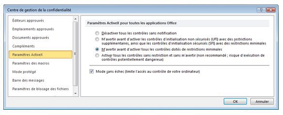 Zone Paramètres ActiveX du Centre de gestion de la confidentialité