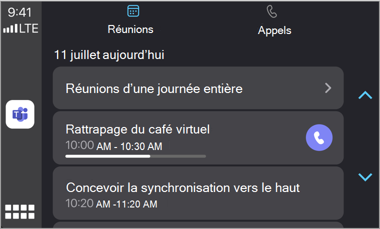 onglet réunions carplay
