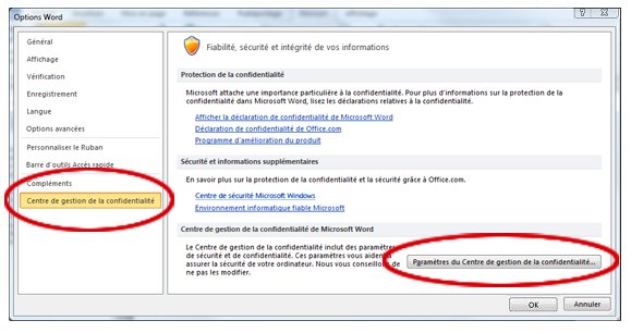 Options Word affichant les paramètres du Centre de gestion de la confidentialité