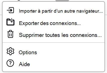 Menu des mots de passe dans Firefox, montrant Exporter les connexions disponibles.