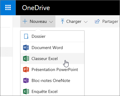 Menu Nouveau de OneDrive, commande Classeur Excel