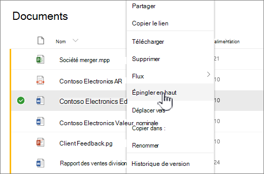 Cliquez sur Épingler en haut pour mettre en surbrillance un document